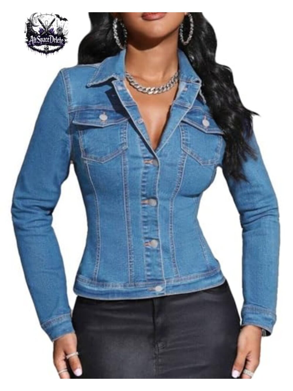 Cropped Denim Jacket Slim Fitted Stretchy Long Sleeve Button Down